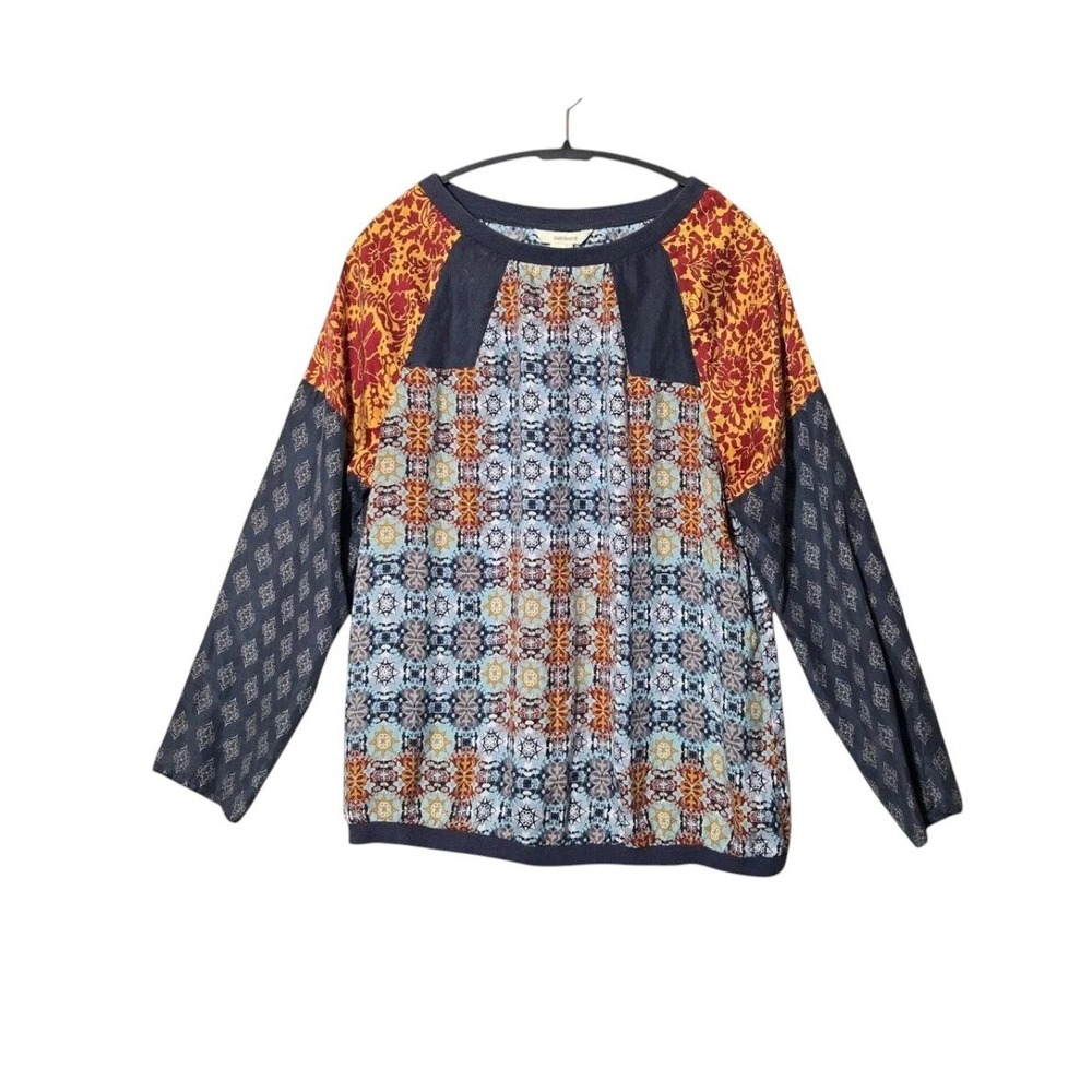 Sundance‎ Silk Long Sleeve Patchwork Blouse Top Multicolor L Fall Artsy Boho